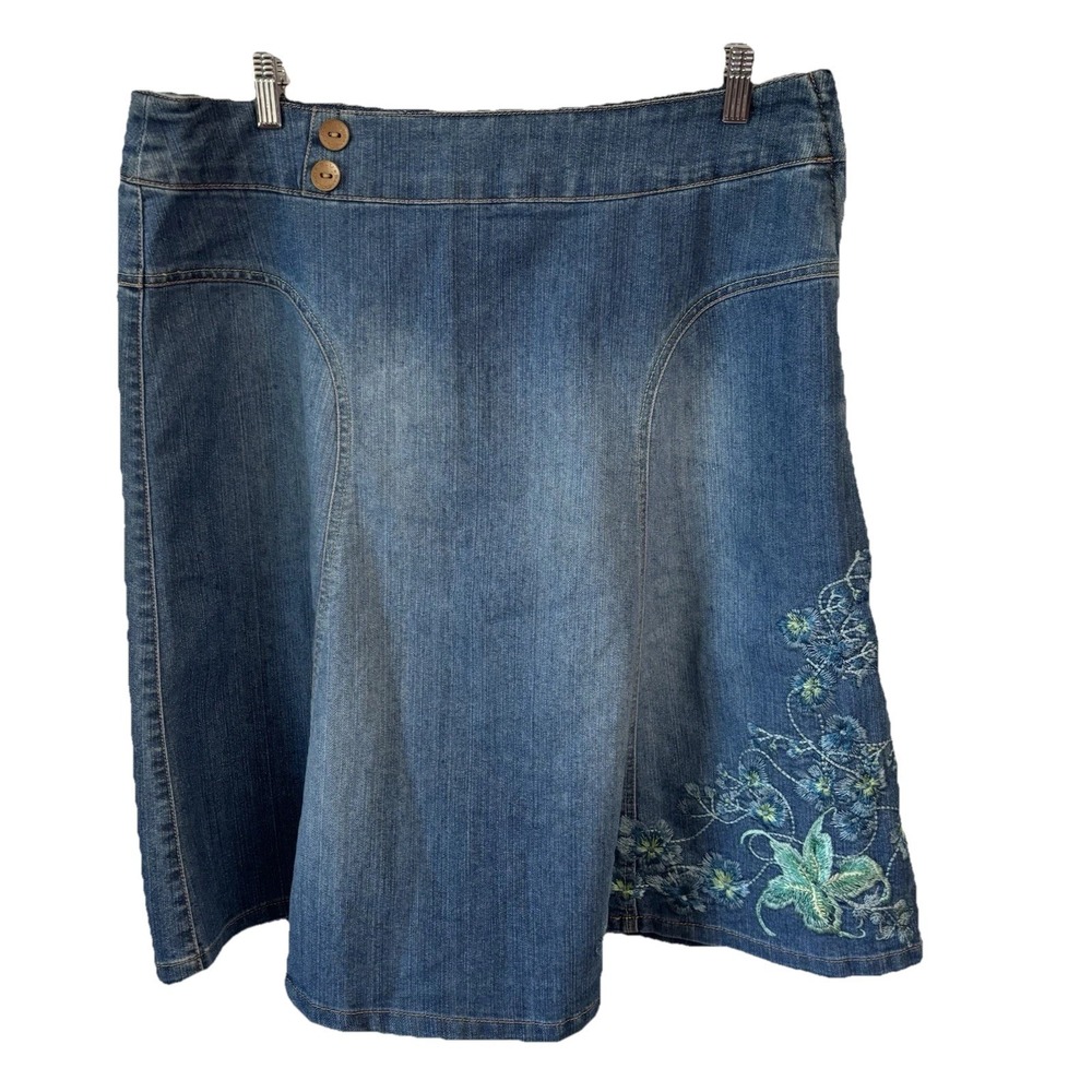 Bandolinoblu Embroided Denim Skirt Womens 14 Midi Cottage Core Boho Modest NWT